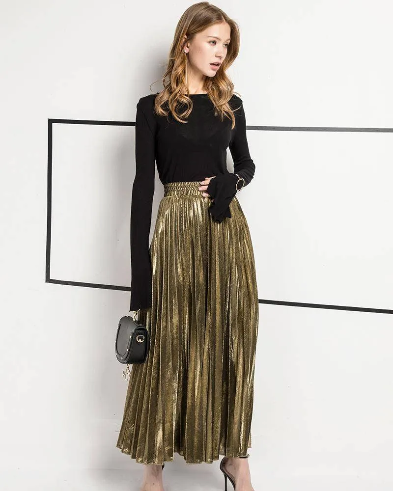 Metallic Long Pleated Floor length Maxi Skirt Gold or silver  (US 8-14)