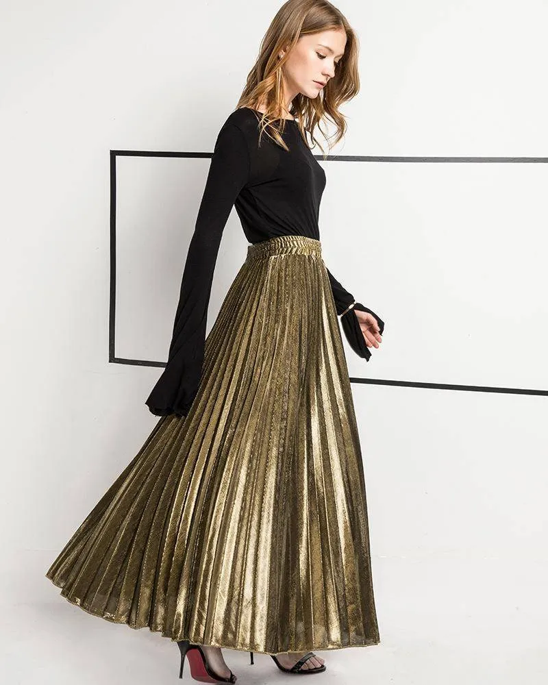 Metallic Long Pleated Floor length Maxi Skirt Gold or silver  (US 8-14)