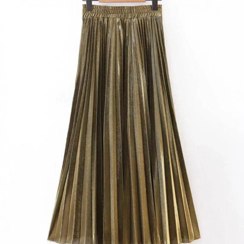 Metallic Long Pleated Floor length Maxi Skirt Gold or silver  (US 8-14)