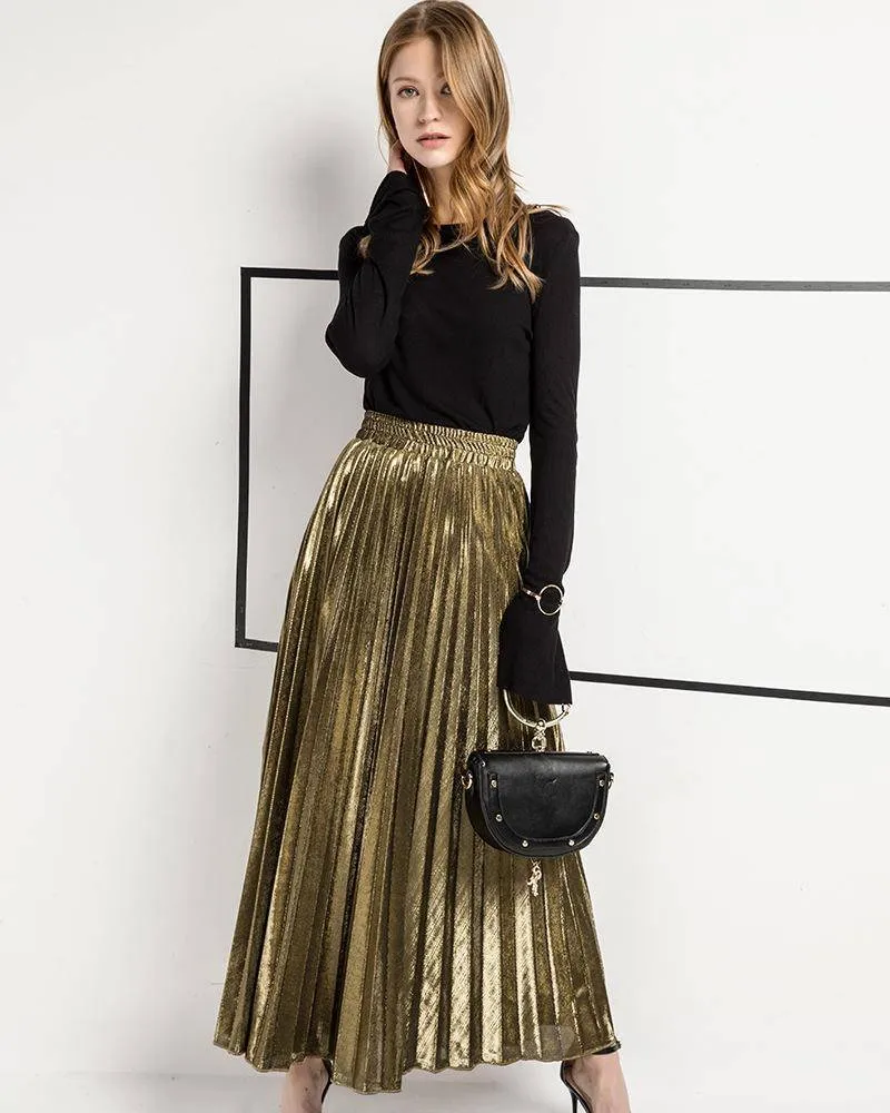 Metallic Long Pleated Floor length Maxi Skirt Gold or silver  (US 8-14)