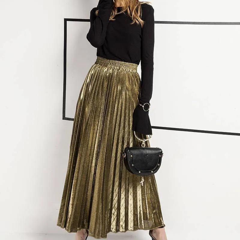 Metallic Long Pleated Floor length Maxi Skirt Gold or silver  (US 8-14)