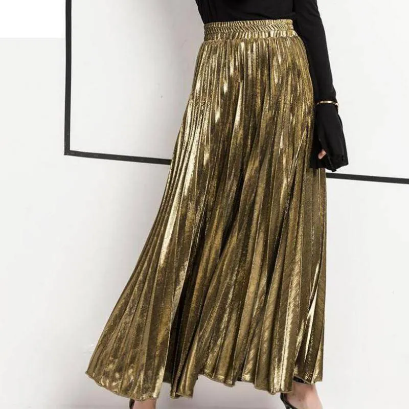 Metallic Long Pleated Floor length Maxi Skirt Gold or silver  (US 8-14)
