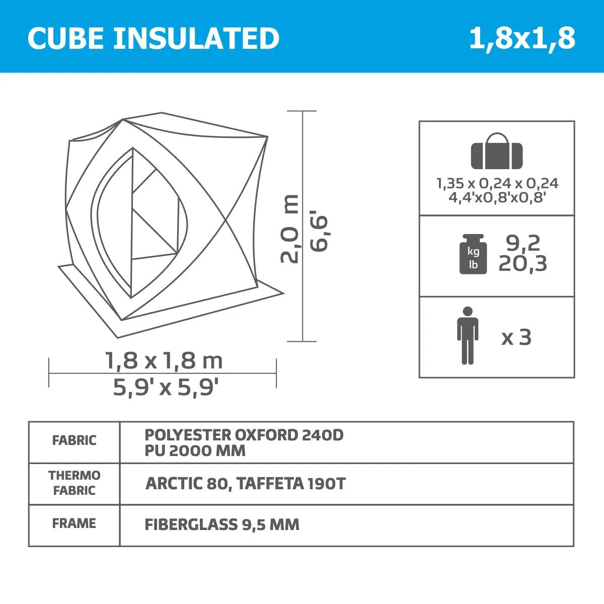 NISUS Insulated 3-Person Cube Series Pop-up Ice Fishing Shelter