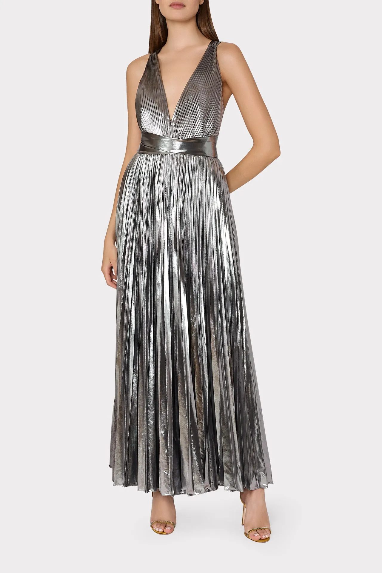 Oria Pleated Lamé Dress