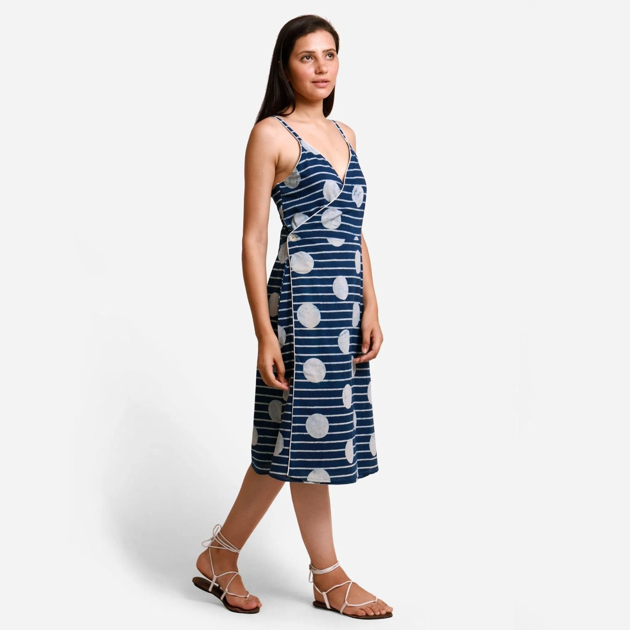 Polka Dot Block Printed Asymmetrical Cotton Midi Dress