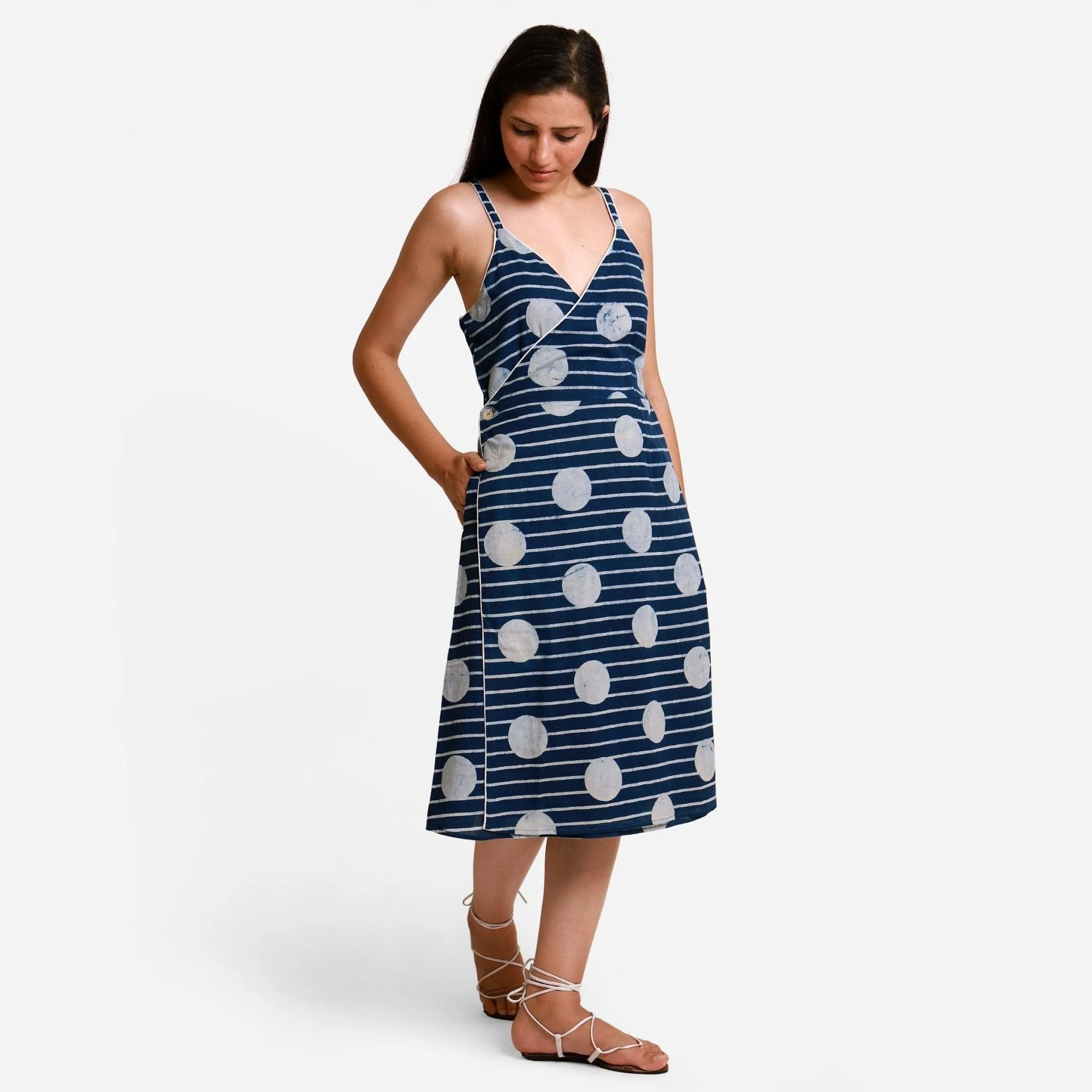 Polka Dot Block Printed Asymmetrical Cotton Midi Dress