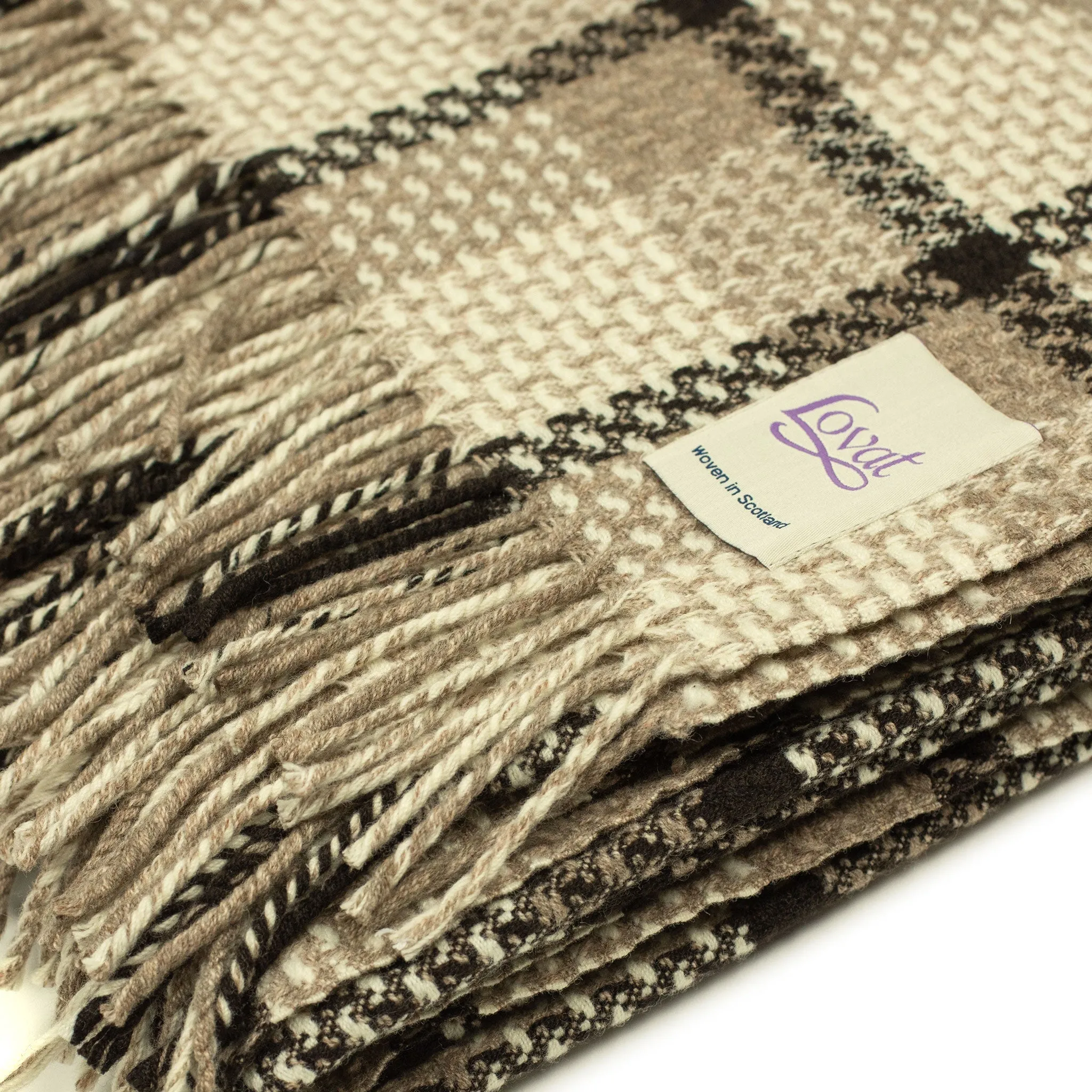 "Coorie Doon" throw blanket in coffee, cream, and mocha country plaid lambswool