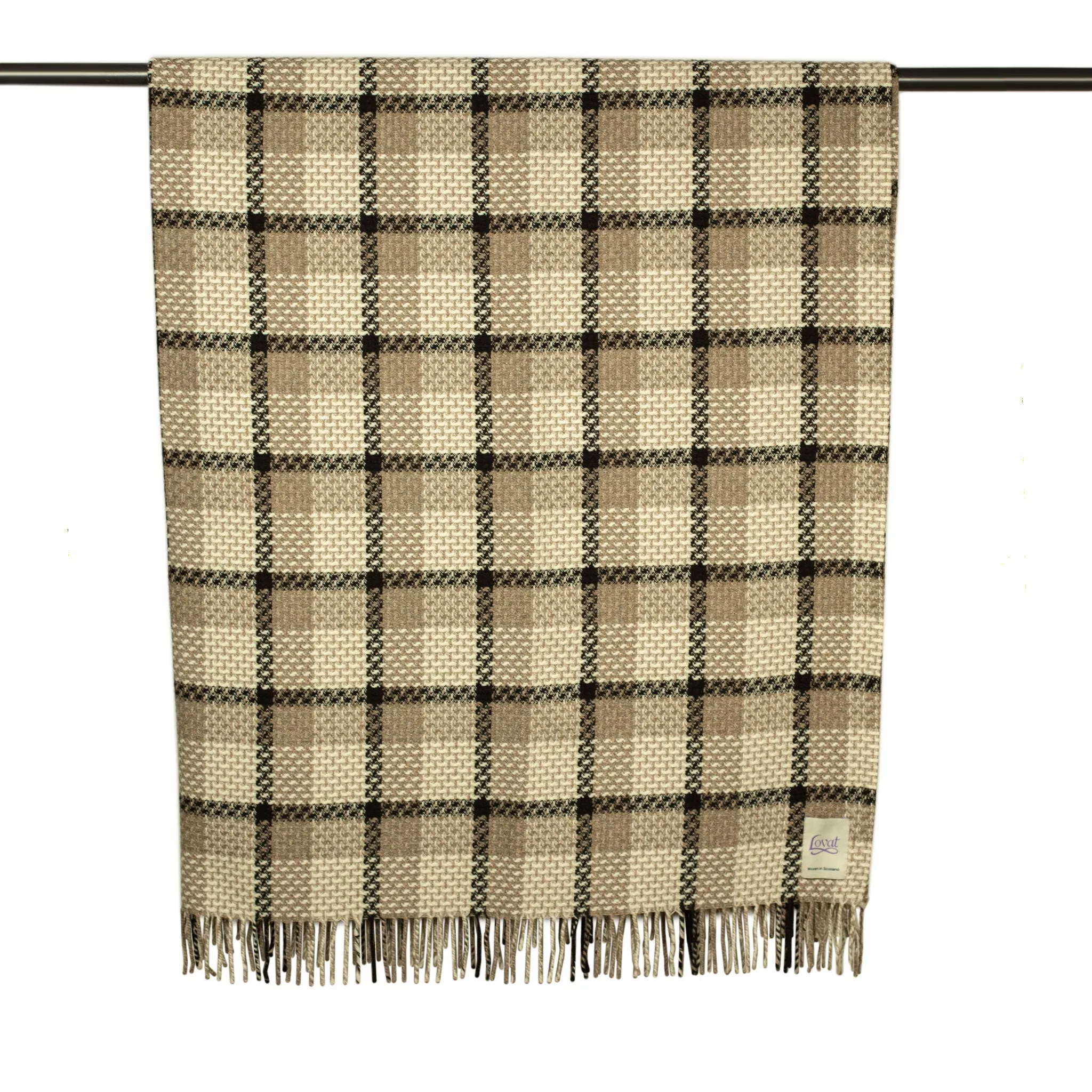 "Coorie Doon" throw blanket in coffee, cream, and mocha country plaid lambswool