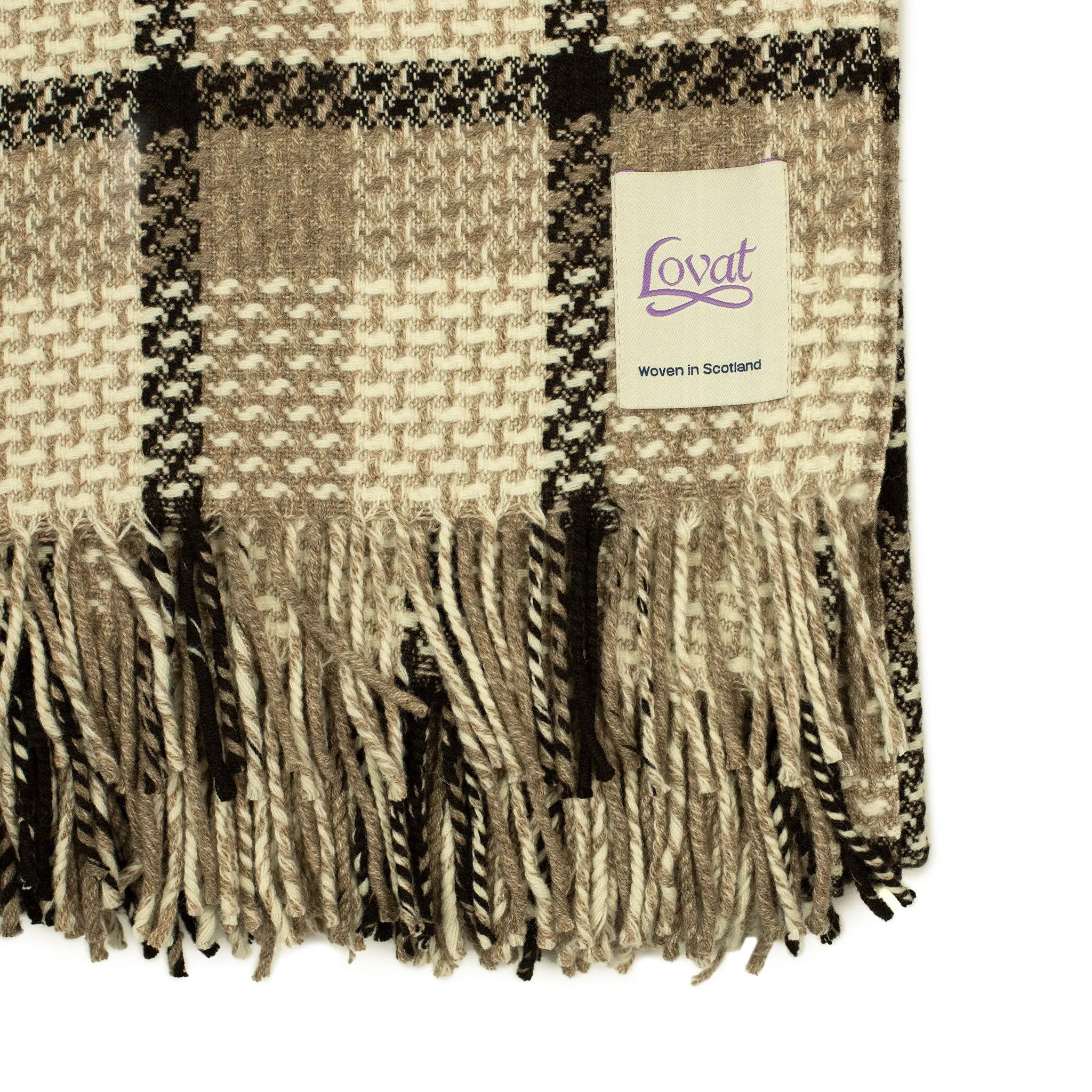 "Coorie Doon" throw blanket in coffee, cream, and mocha country plaid lambswool