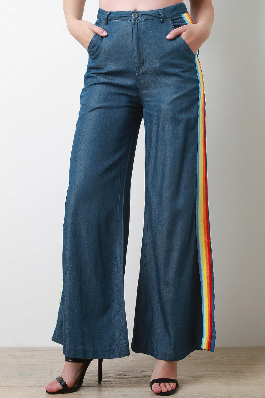 Rainbow Stripe High Waist Wide Leg Chambray Pants