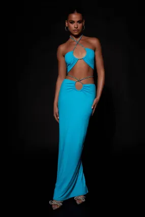 Ruby Diamante Rope Ruched Maxi Skirt - Cyan Blue
