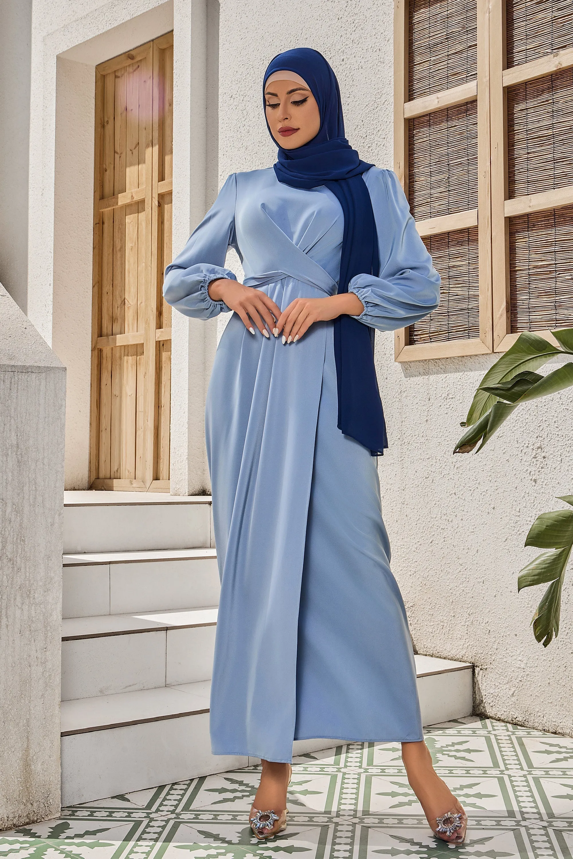 Silver Criss Cross Satin Faux Wrap Maxi Dress