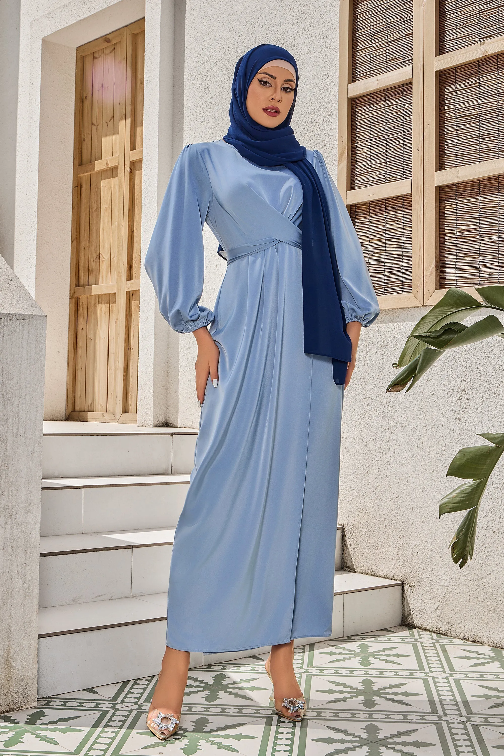 Silver Criss Cross Satin Faux Wrap Maxi Dress