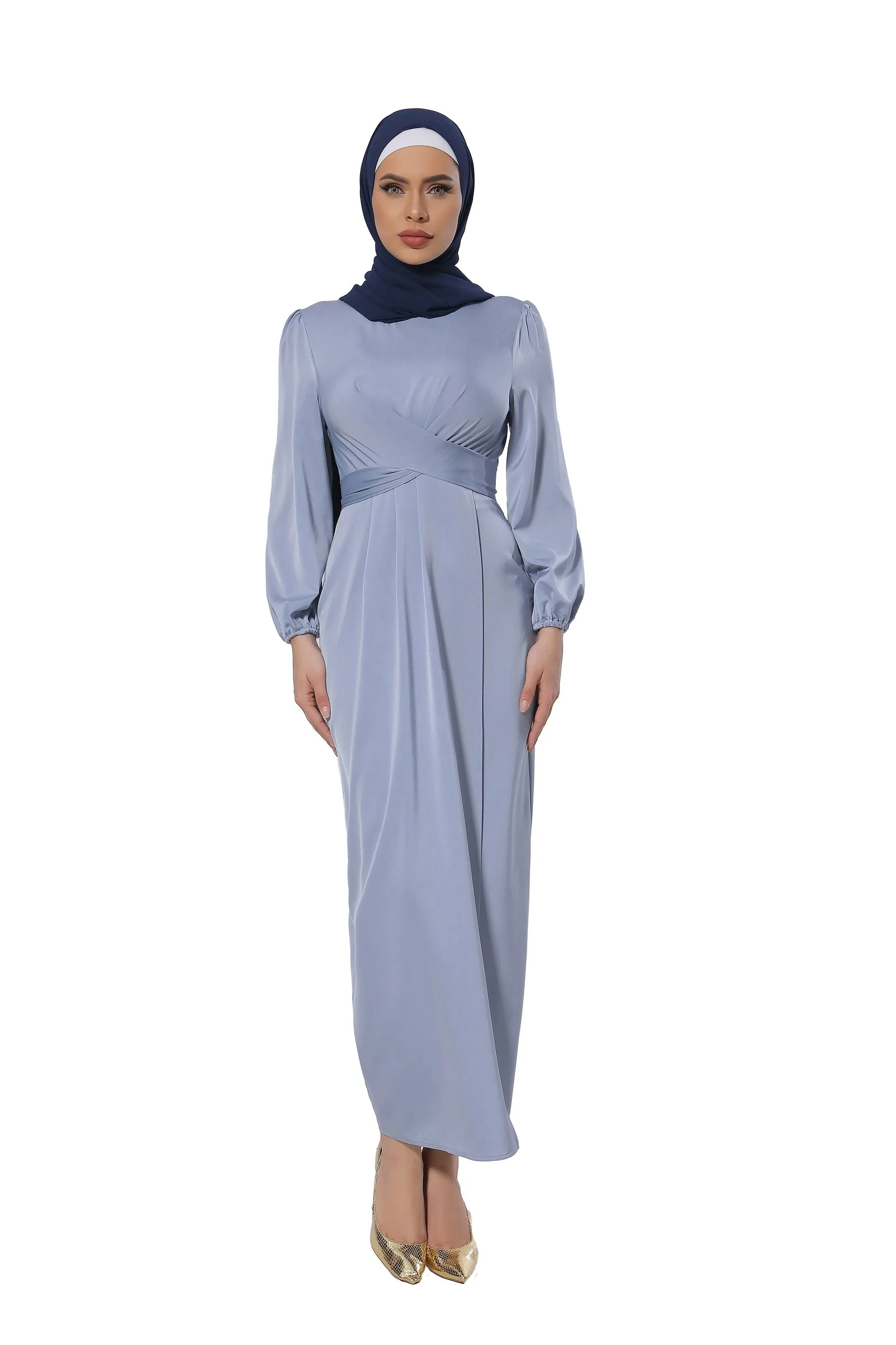 Silver Criss Cross Satin Faux Wrap Maxi Dress