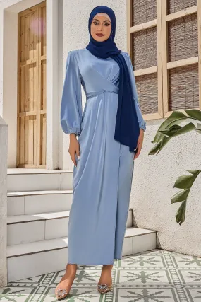 Silver Criss Cross Satin Faux Wrap Maxi Dress