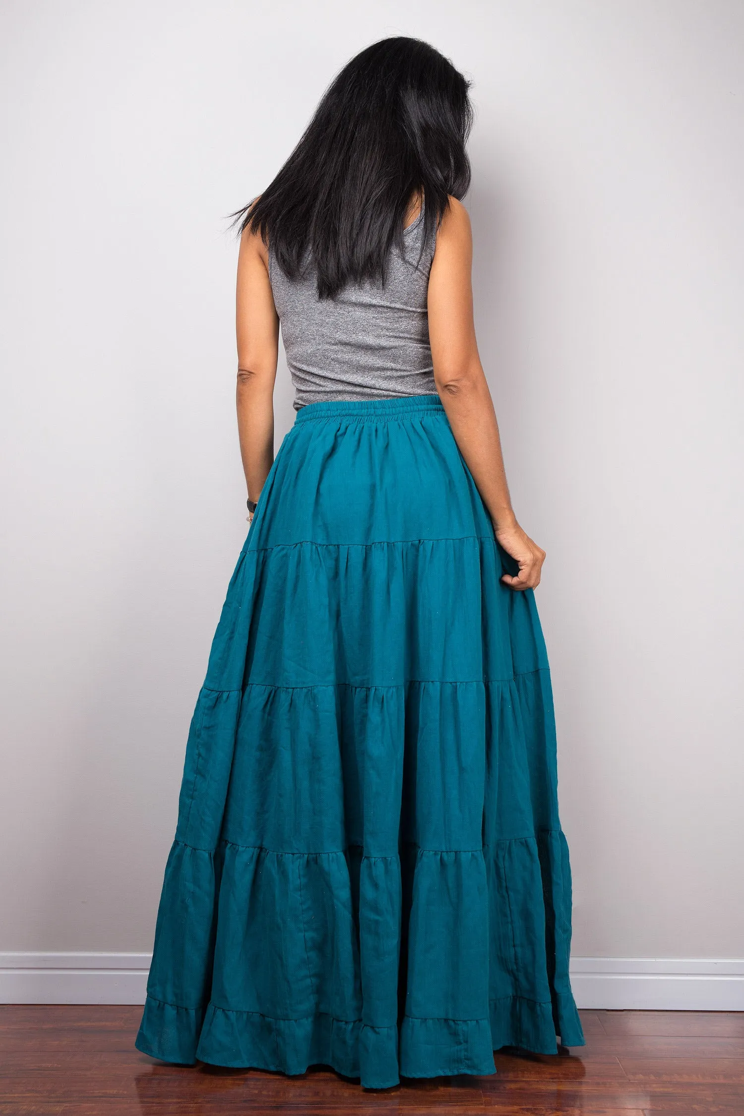 Tiered teal peasant maxi skirt