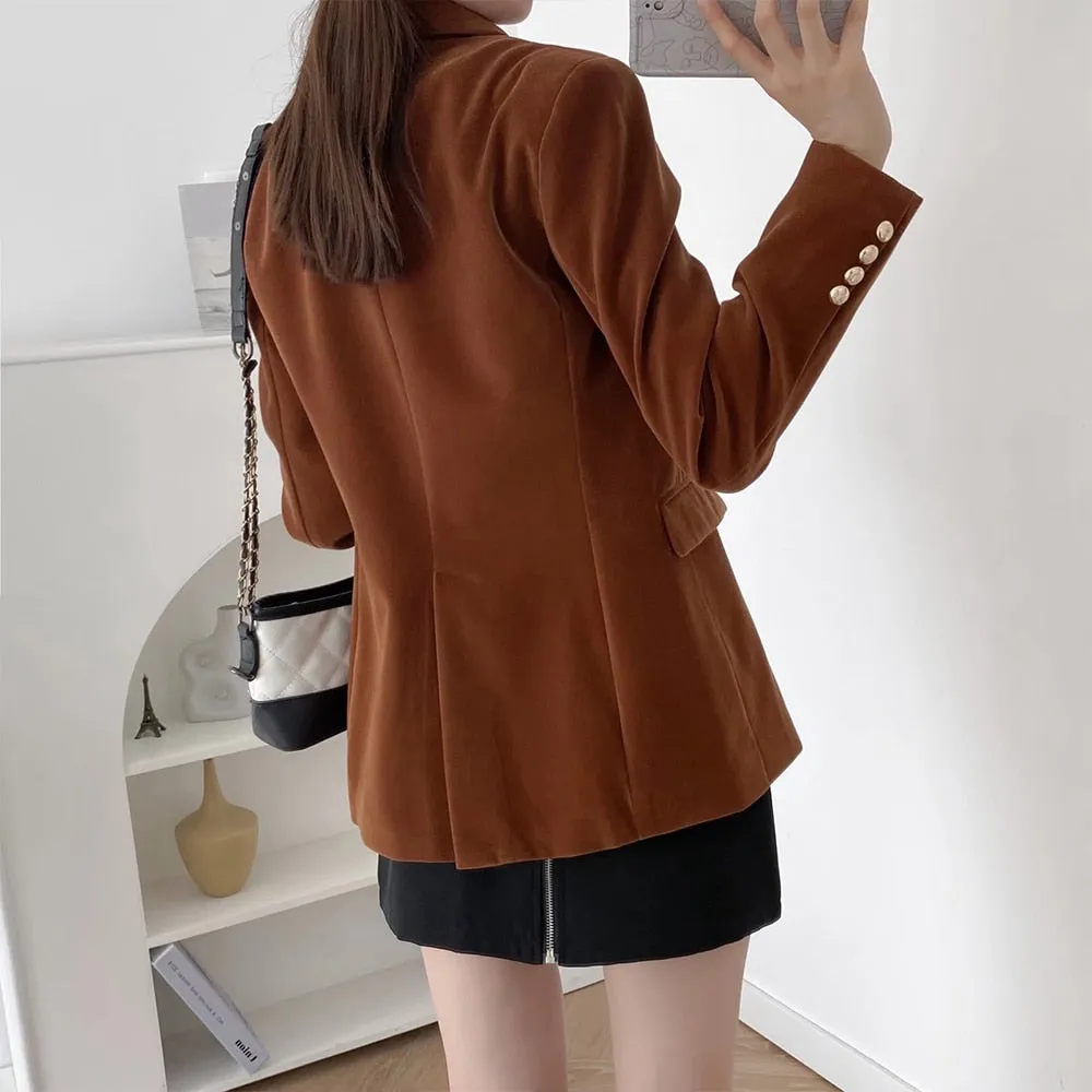 Wenkouban Women's Autumn Coat Velvet Double-breasted Long-sleeved Suit Fashion All-match Casual Solid Color Female Blazer Mujer