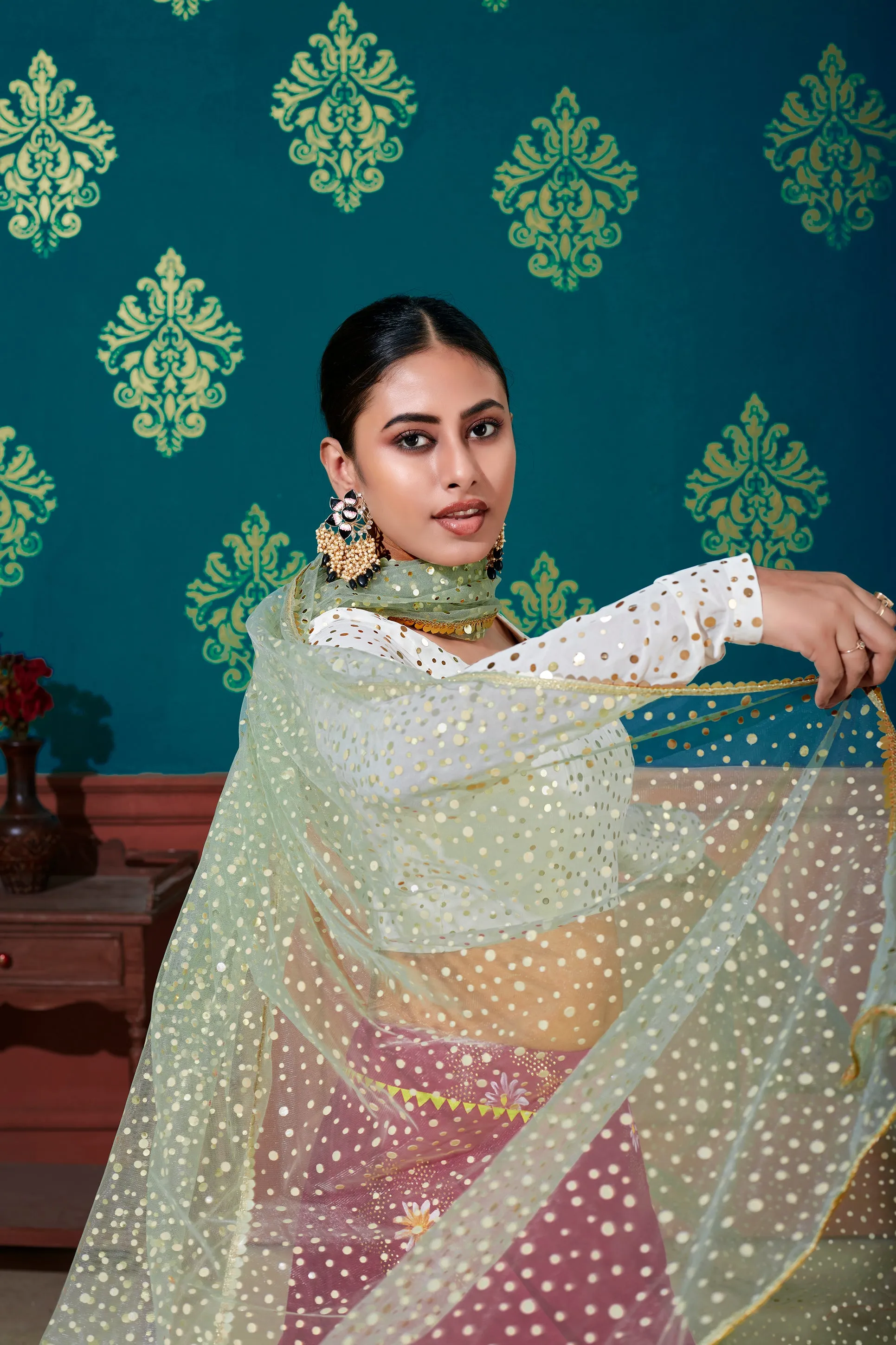 White & Pink Foil Printed Georgette Party Wear Lehenga Choli