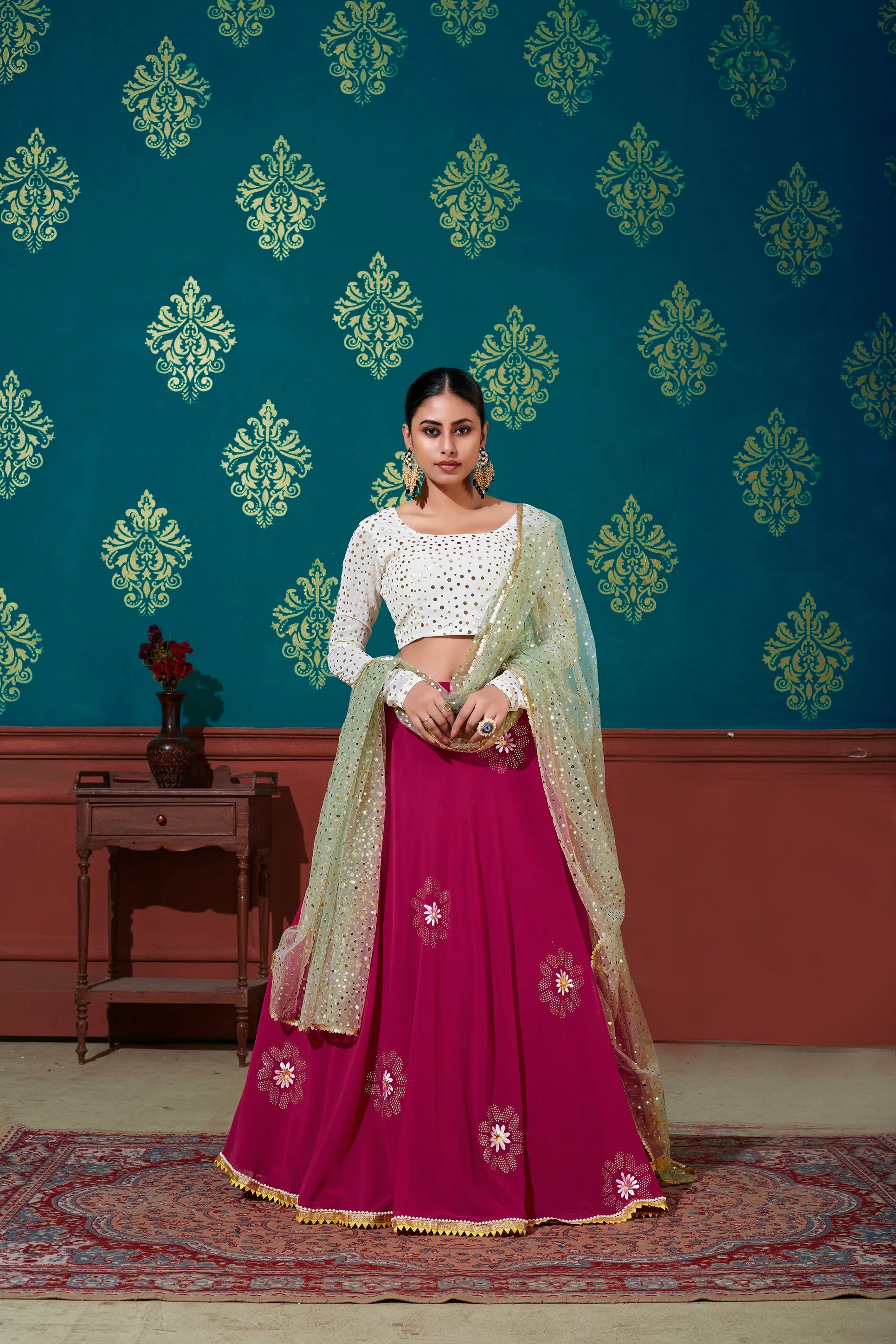 White & Pink Foil Printed Georgette Party Wear Lehenga Choli