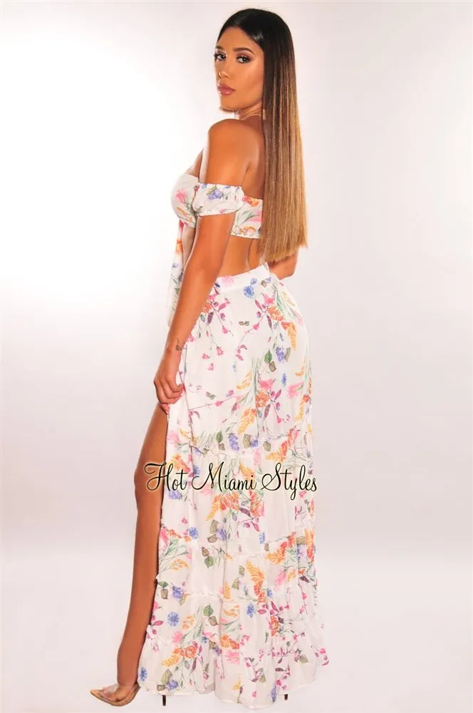 White Floral Print Tie Up Tiered Maxi Skirt Two Piece Set