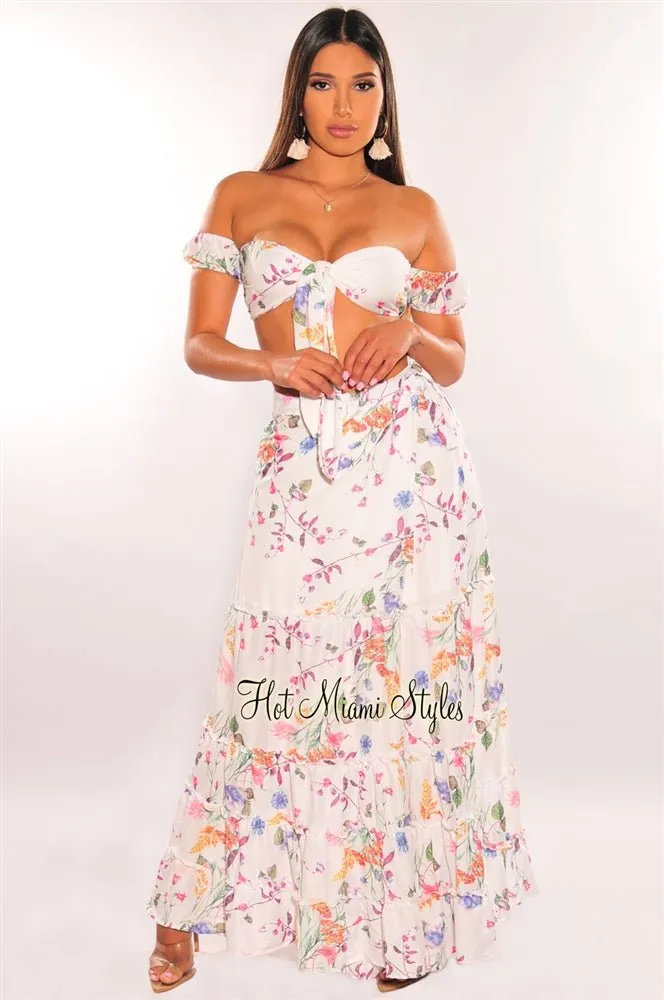 White Floral Print Tie Up Tiered Maxi Skirt Two Piece Set