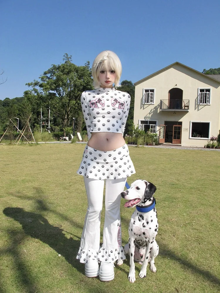 White Low Waist Paw Pattern Skirt Flared Pants