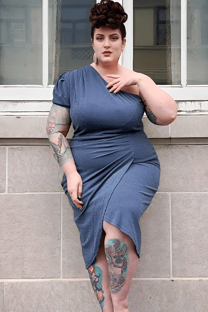 Women Plus Size Wrap Hem Party Dress Short Sleeve One-Shoulder Dress