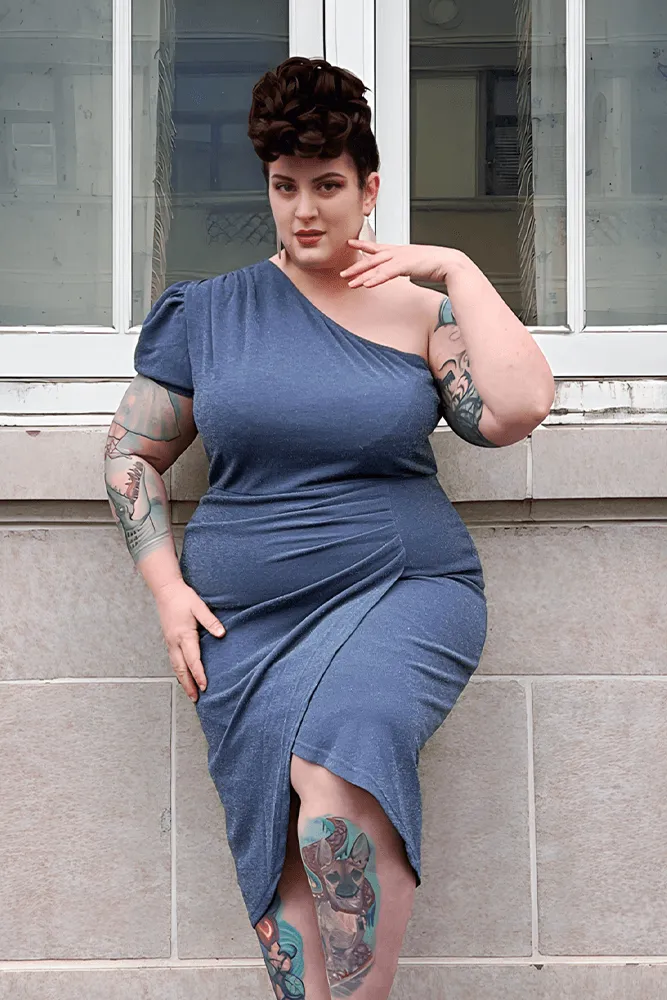 Women Plus Size Wrap Hem Party Dress Short Sleeve One-Shoulder Dress