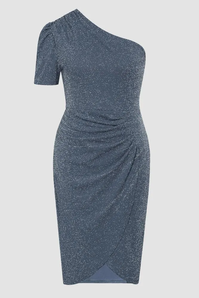 Women Plus Size Wrap Hem Party Dress Short Sleeve One-Shoulder Dress
