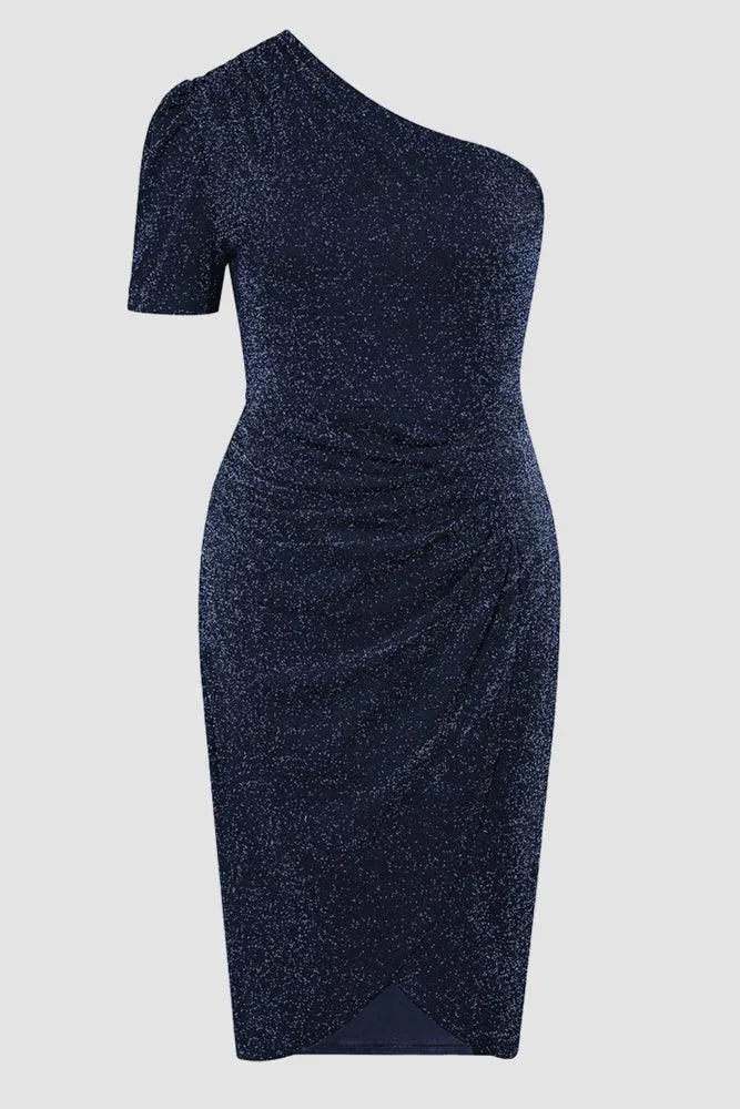 Women Plus Size Wrap Hem Party Dress Short Sleeve One-Shoulder Dress