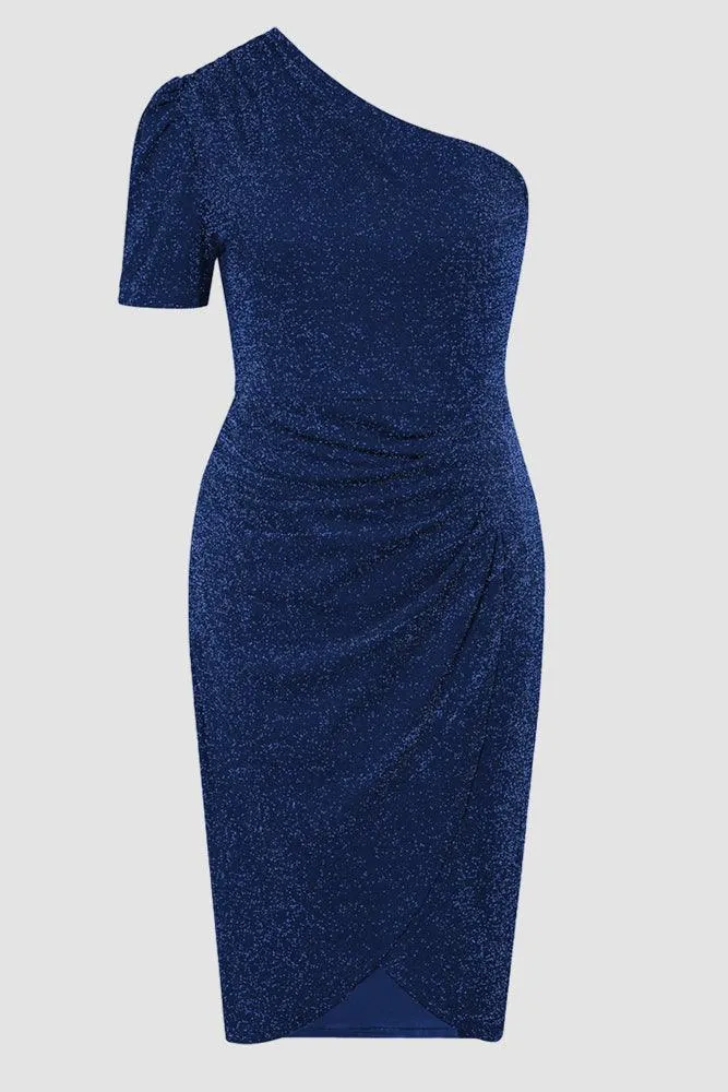 Women Plus Size Wrap Hem Party Dress Short Sleeve One-Shoulder Dress