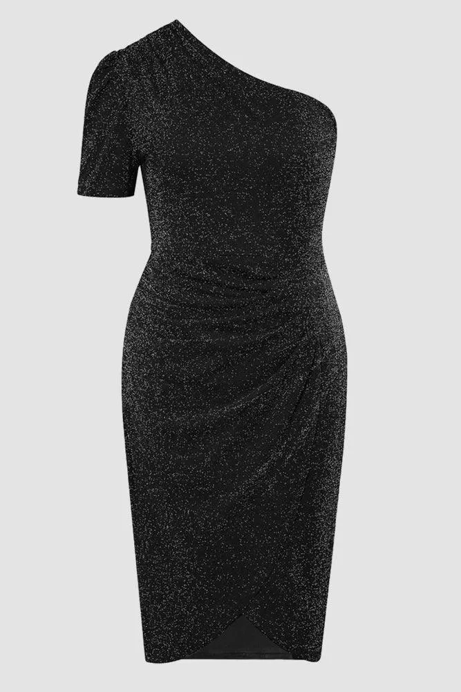 Women Plus Size Wrap Hem Party Dress Short Sleeve One-Shoulder Dress