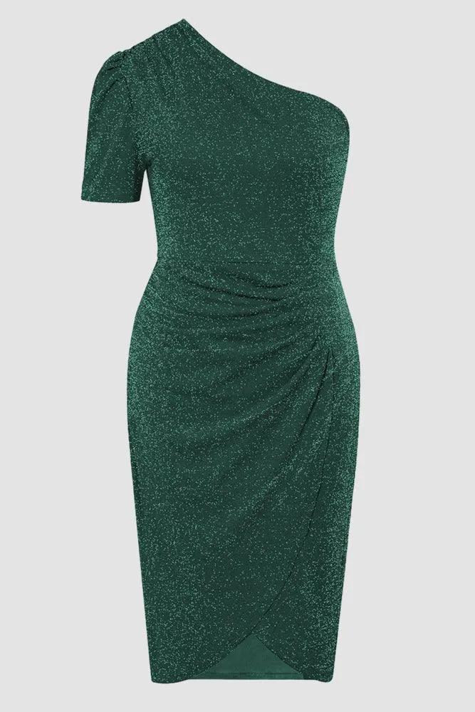 Women Plus Size Wrap Hem Party Dress Short Sleeve One-Shoulder Dress